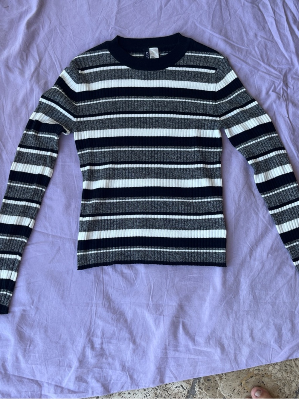 H&M Striped Ribbed Crewneck Sweater - Black, White, Gray